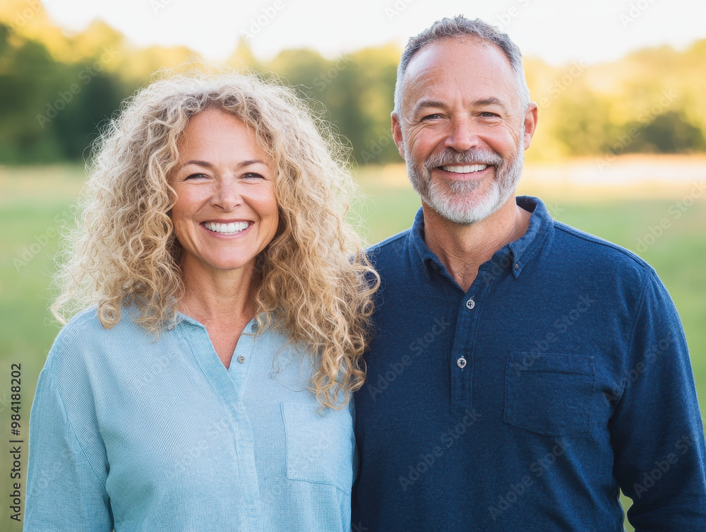Middle-aged couple smiling joyfully outdoors, a woman with curly blonde hair and a cheerful man, enjoying a sunny day together in a serene natural setting. Middle-aged couple smiling joyfully outdoors, a woman with curly blonde hair and a cheerful man, enjoying a sunny day together in a serene natural setting.