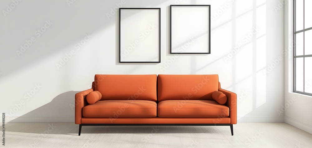 Fototapeta premium Stylish orange sofa with abstract art decor in modern living space, sleek minimalist furniture, sunlight streaming through tall windows, vibrant color palette