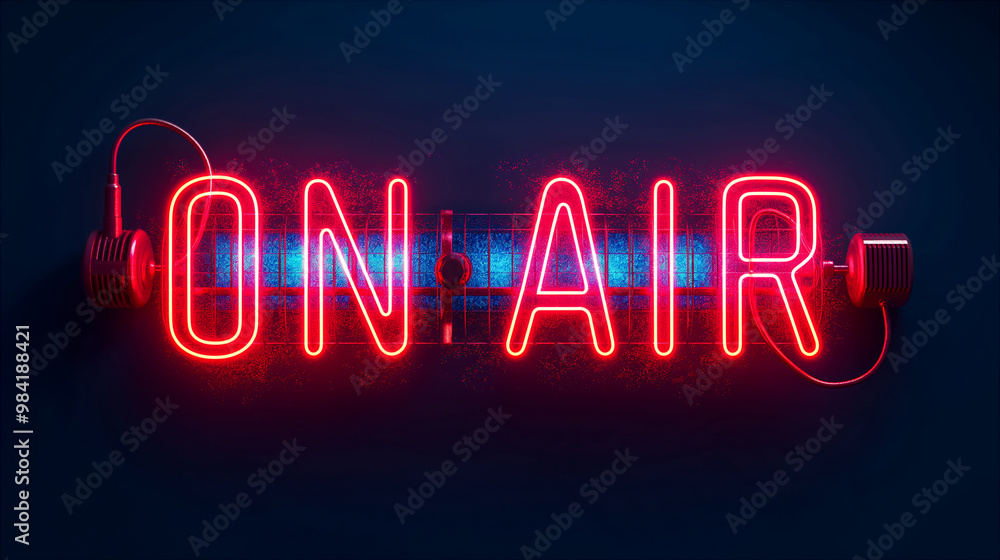 Illuminated sign ON AIR in bright orange lights ay evening, broadcast background. Generative AI Illuminated sign ON AIR in bright orange lights ay evening, broadcast background. Generative AI