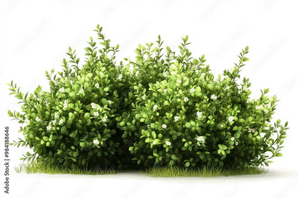 Obraz premium Two dense green shrubs with small white flowers, highly detailed foliage, natural texture