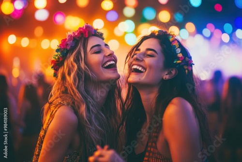 Two friends dancing together under vibrant stage lights at an outdoor music festival