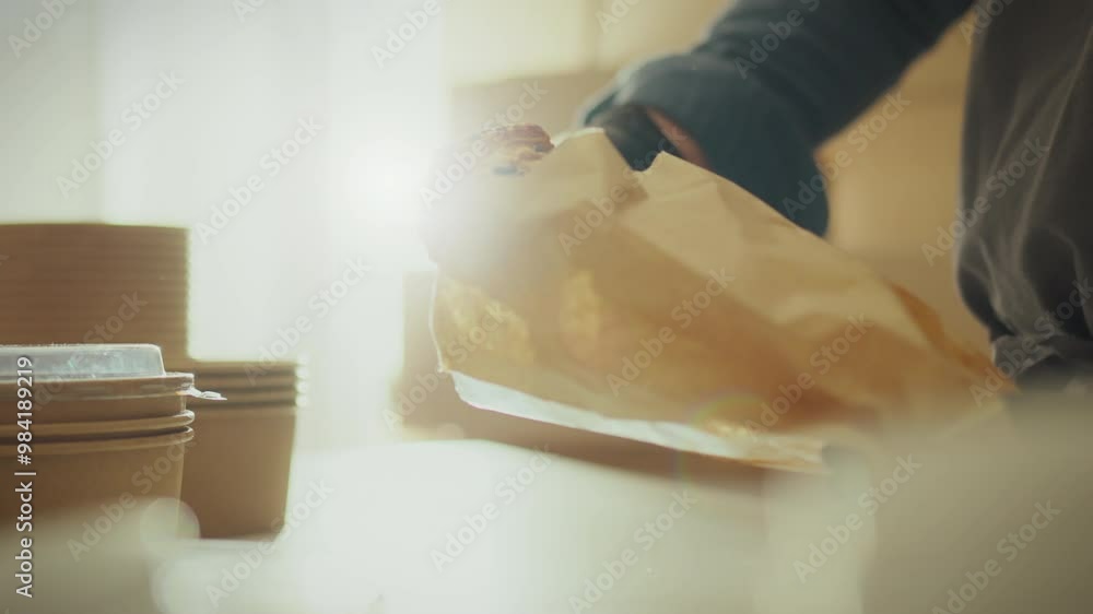 An employee of mobile coffee shop, working on bright sunny day, carefully packs freshly baked croissants in environmentally friendly paper packaging. Keeping a close eye on sustainable business trends An employee of mobile coffee shop, working on bright sunny day, carefully packs freshly baked croissants in environmentally friendly paper packaging. Keeping a close eye on sustainable business trends