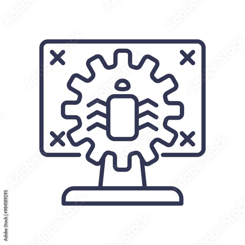 Illustration of a computer screen with a gear and bug, symbolizing software flaws and debugging.