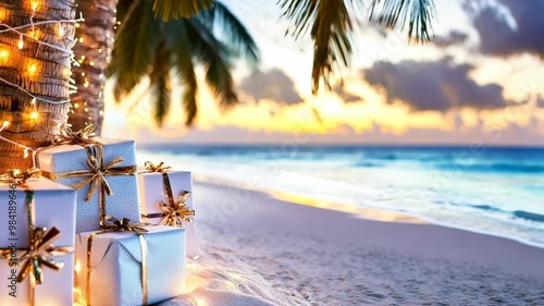 Christmas presents under a palm tree decorated with string lights, set on a tropical beach at sunset. Exotic holiday celebration concept.
