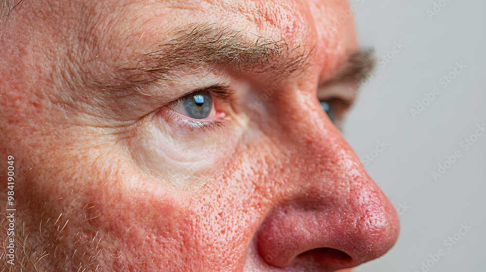 Fototapeta premium Close up face of elderly man with wrinkled and problem skin. Dermatology concept