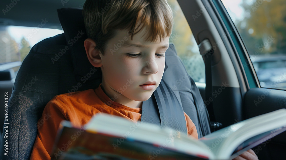 Kid is reading a book sitting in the back seat in the car Kid is reading a book sitting in the back seat in the car