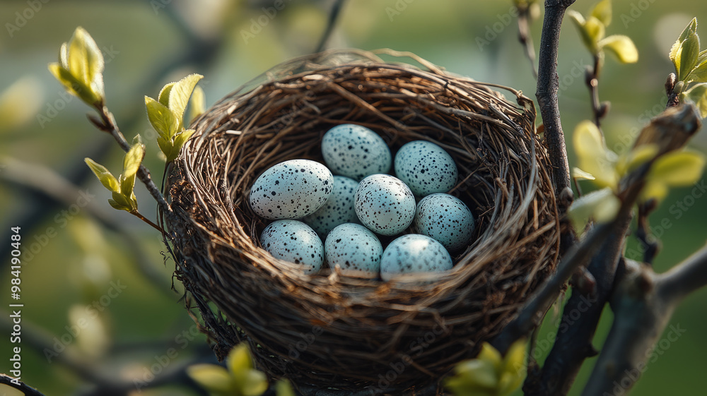 A bird's nest with speckled eggs on a tree branch in spring. A bird's nest with speckled eggs on a tree branch in spring.