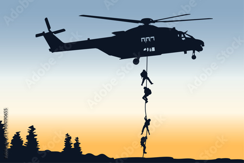 Silhouette of a combat helicopter with soldiers, side view, nh 90 in french army, vector drawing can be used for web, sticker, patch, logo, illustration and infographic