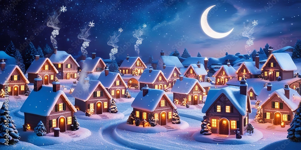 Snowy Village Scene with tiny houses and twinkling lights under a starry night sky. Made with generative AI technology Snowy Village Scene with tiny houses and twinkling lights under a starry night sky. Made with generative AI technology
