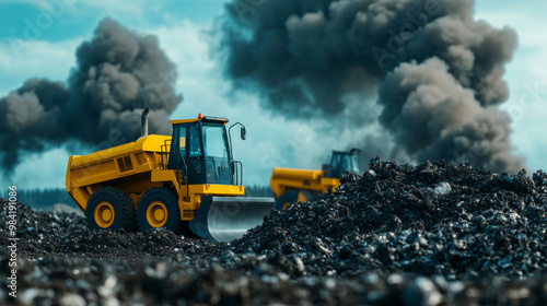 Heavy machinery crushing and compacting waste at a processing plant, smoke rising in the background, industrial setting 