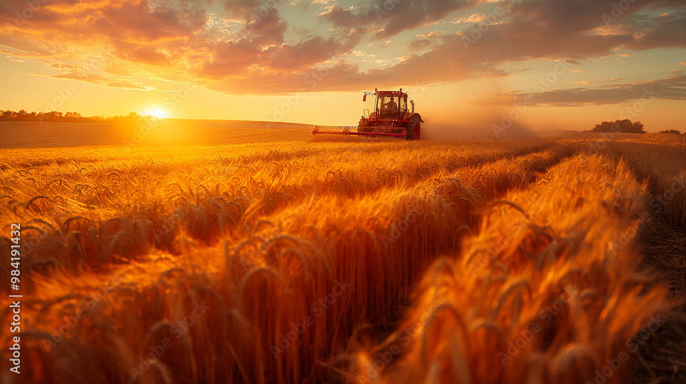 Tractor Working in a Field of Ripe Wheat on a Sunny Day. Generative AI Tractor Working in a Field of Ripe Wheat on a Sunny Day. Generative AI