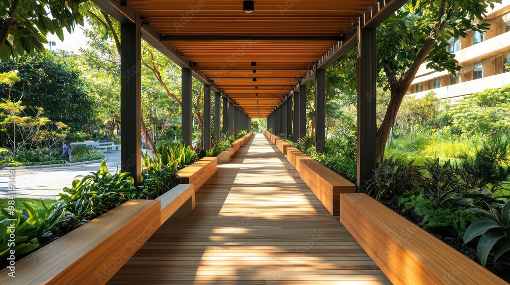 A wood-covered pedestrian bridge connecting two sections of a botanical garden, enhanced with integrated planters and seating A wood-covered pedestrian bridge connecting two sections of a botanical garden, enhanced with integrated planters and seating