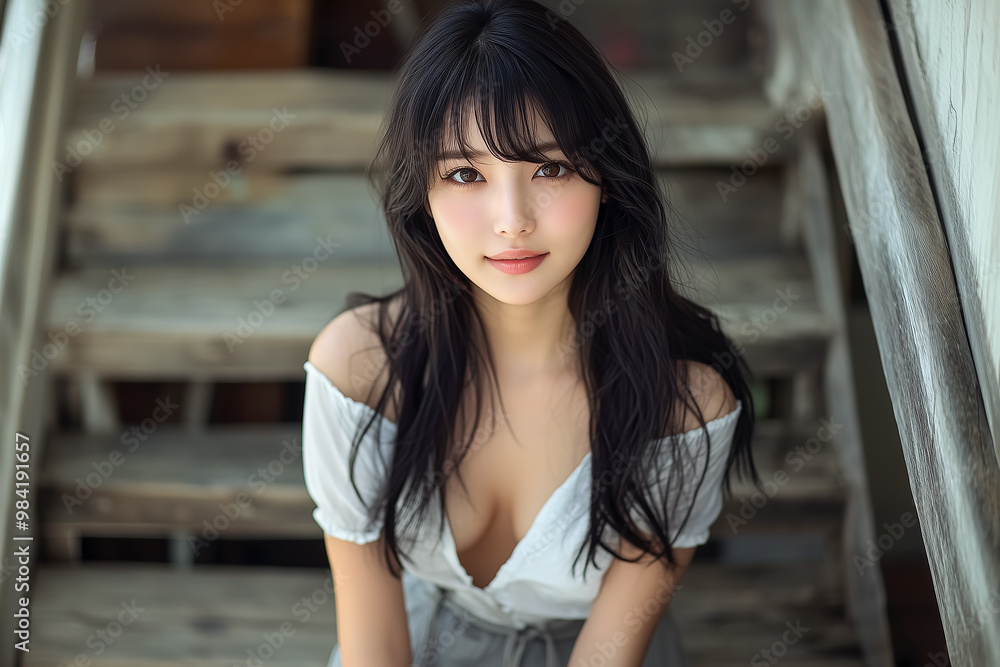 Japanese fashion model posing on wooden stairs. Japanese fashion model posing on wooden stairs.