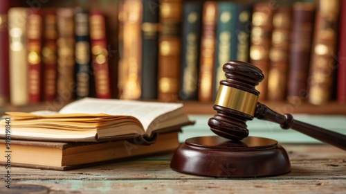 Law Gavel. A Judge's Gavel on a Wooden Desk with Law Books Background