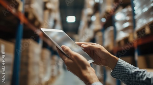 Worker hands holding tablet to checking stock on blurred warehouse background