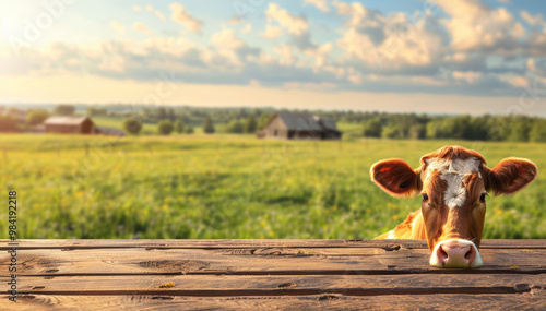 A wooden table with a farm background and a cow on the grassland, a sunny day, a meadow, farm buildings in the distance, and a close-up shot of a cow's face.