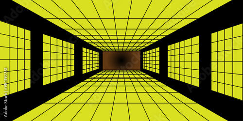 Cyber grid, retro punk perspective rectangular tunnel. Grid tunnel geometry on invinite background. Vector illustration.