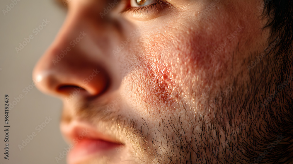 Obraz premium Close up face of young man suffering from problem skin. Acne, rosacea, dry skin. Dermatology concept