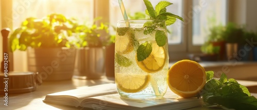 Refreshing Lemon and Mint Infused Drink on Wooden Table