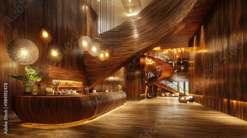 Wallpaper Mural A wood-lined reception lobby in a boutique hotel, with a sweeping wooden staircase and artistic lighting fixtures Torontodigital.ca