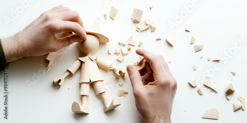 Hands of a carpenter carving Pinocchio out of wood