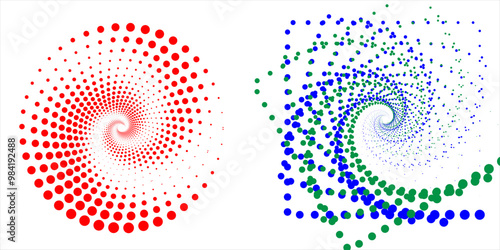 spiral green dotted geometric pattern shape. Vector red and blue spiral pattern with dots isolated on white.