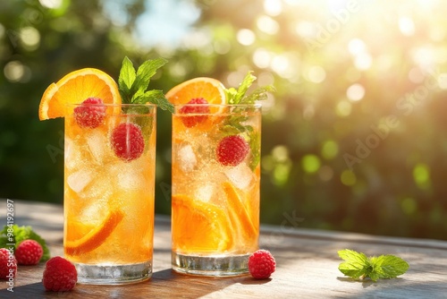 Two tall glasses filled with fizzy, orange-hued cocktails, garnished with fresh raspberries