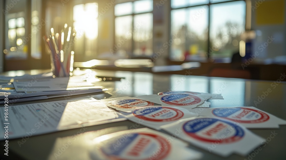 A table filled with stickers neatly arranged at a polling station for the 2024 U.S. elections,