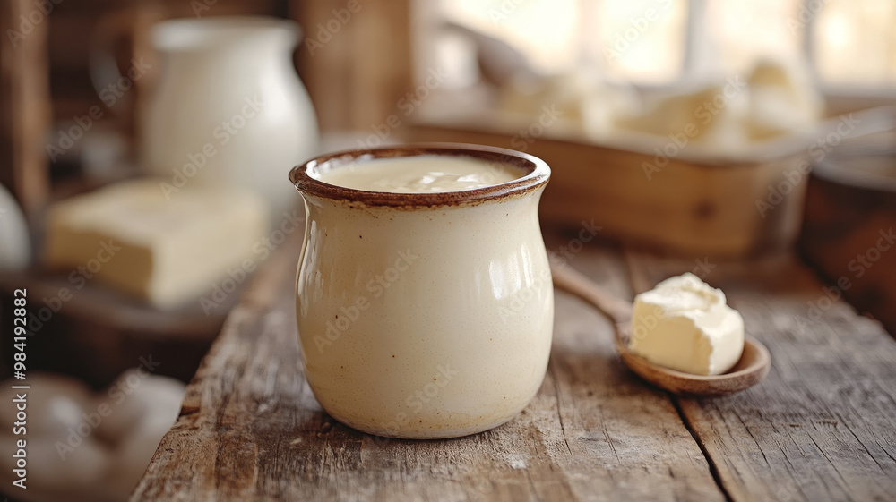 Old-fashioned jar of fresh cream on a rustic wooden table. Old-fashioned jar of fresh cream on a rustic wooden table.