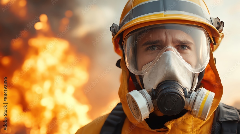 Firefighter in full protective gear standing tall amidst roaring flames, determination in their eyes, firefighter bravery, gear under fire Firefighter in full protective gear standing tall amidst roaring flames, determination in their eyes, firefighter bravery, gear under fire