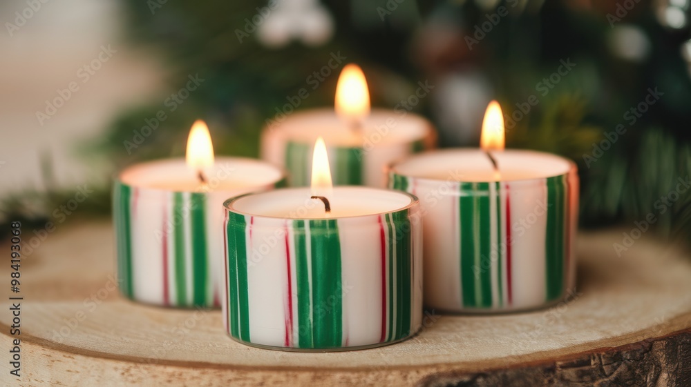 Festive Striped Candles on Wooden Surface Festive Striped Candles on Wooden Surface