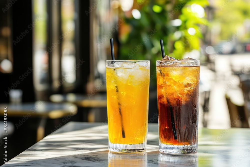 Two tall glasses filled with refreshing drinks, one vibrant yellow and the other rich amber iced tea Two tall glasses filled with refreshing drinks, one vibrant yellow and the other rich amber iced tea