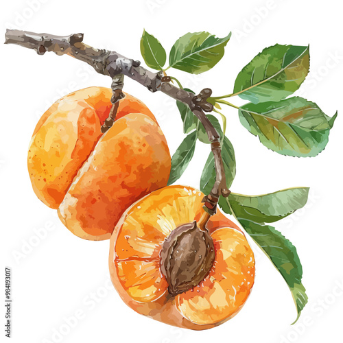 Watercolor painting of Apricot, isolated on a white background, and Apricot vector