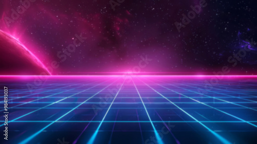 A retrofuturistic background with neon grid lines and geometric shapes, perfect for an 80s-themed party.