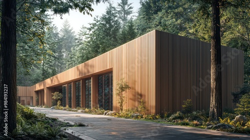 A wood-paneled exterior of a high-tech data center, designed to blend into a forest setting while ensuring optimal function