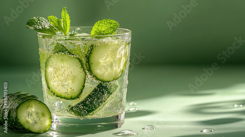 Refreshing cucumber cocktail garnished with mint leaves and bubbles
