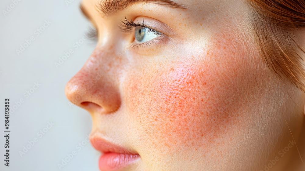 Close up face of young woman suffering from problem skin. Acne, rosacea, dry skin. Dermatology concept Close up face of young woman suffering from problem skin. Acne, rosacea, dry skin. Dermatology concept