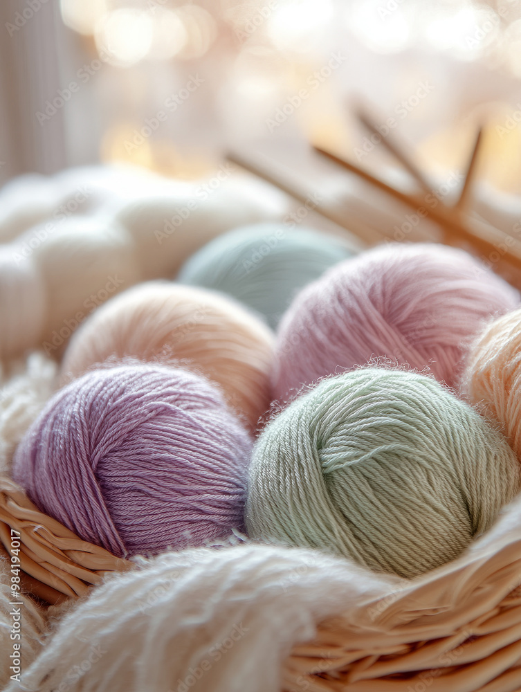 Basket with pastel yarn balls and knitting needles. Basket with pastel yarn balls and knitting needles.