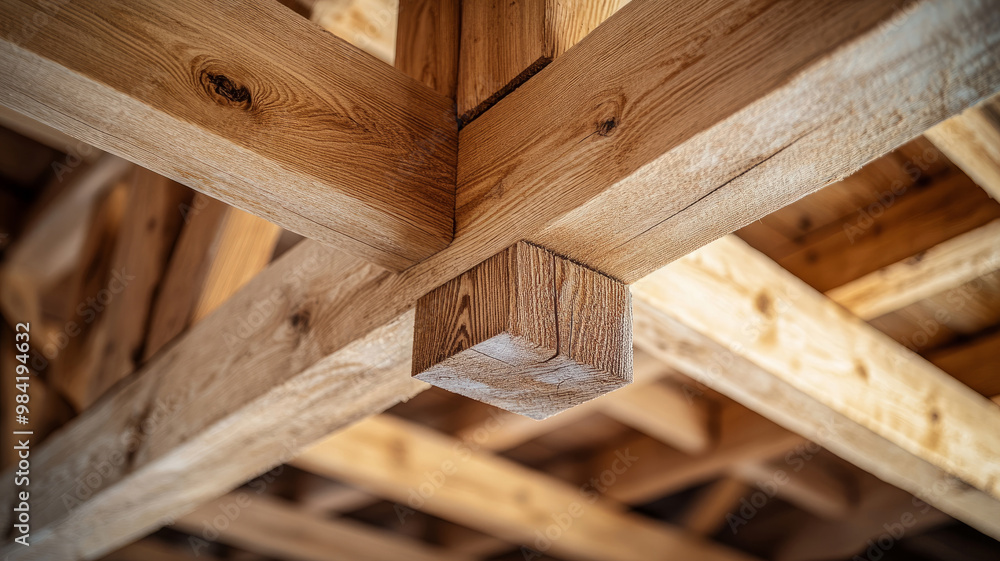 Close-up of intricate wooden beam joint in a ceiling framework. Close-up of intricate wooden beam joint in a ceiling framework.