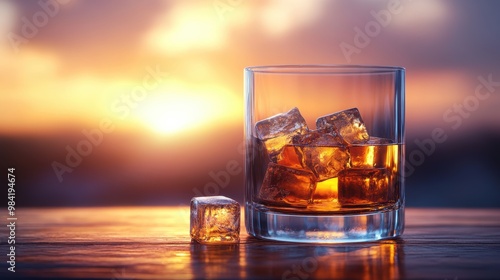 Glass of Whiskey with Ice Against Sunset Background