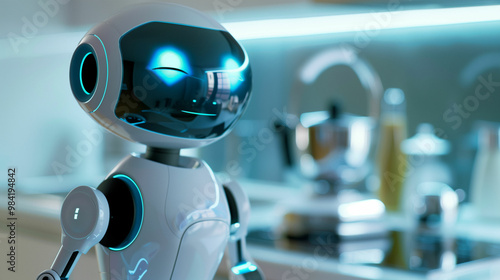 A futuristic kitchen robot assists with meal preparation in a modern home setting during the day, showcasing advanced technology and design