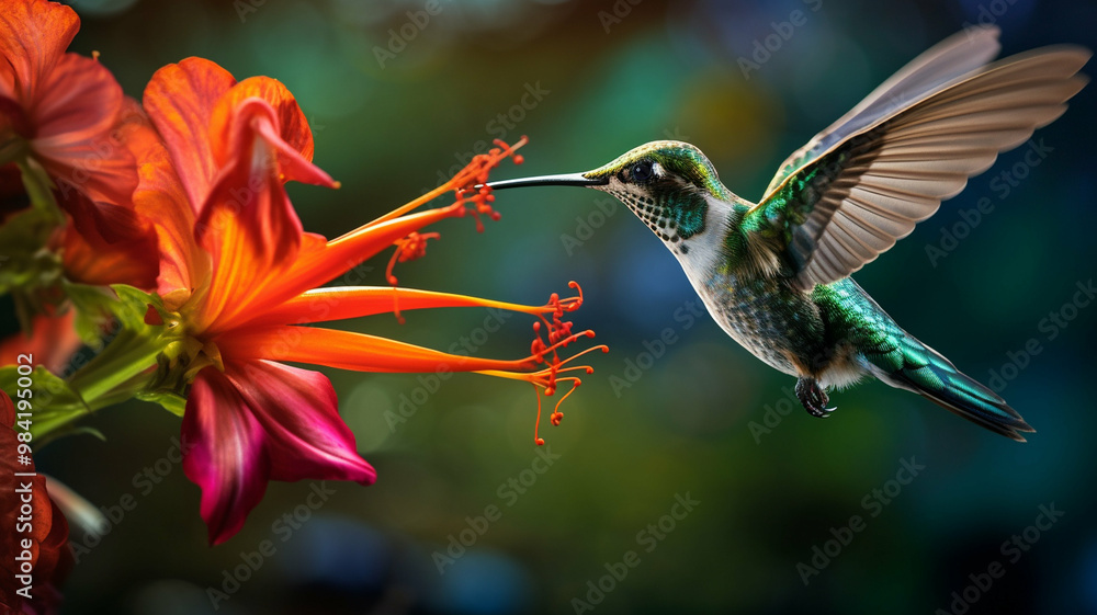 Fototapeta premium Hummingbird feeding on a vibrant red-orange flower in mid-flight.
