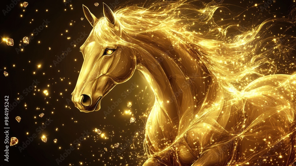 A graceful golden horse in vector art, with shimmering details and a backdrop of glowing diamond rays, creating an aura of elegance A graceful golden horse in vector art, with shimmering details and a backdrop of glowing diamond rays, creating an aura of elegance