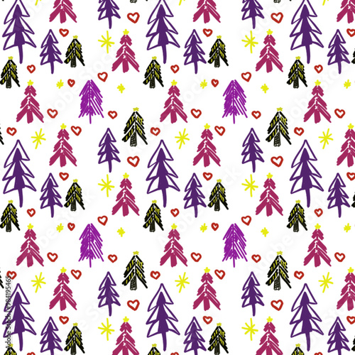 Colorful vector Christmas background. Colorful trees on a white background. Gold stars, little hearts. Christmas background with repeating pattern. Christmas, Christmas tree, colored, hand drawn