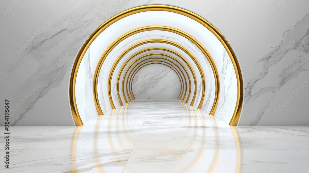 Obraz premium Elegant Tunnel with Golden Arches and Marble Floor