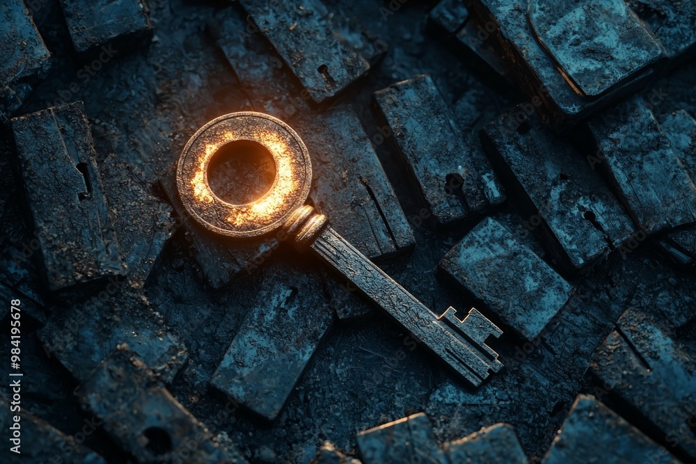 A key with glowing light resting on a pile of junks, symbolizing unlocking past memories or mental barriers A key with glowing light resting on a pile of junks, symbolizing unlocking past memories or mental barriers