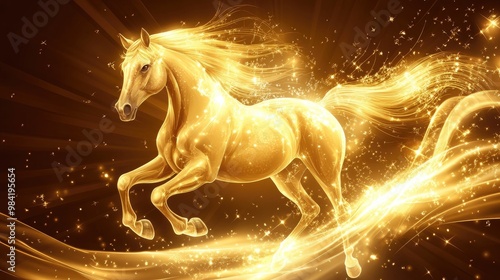 Elegant golden horse vector art with flowing mane and graceful posture, shining against a luxurious background of glowing jewelry rays