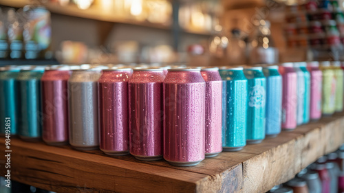 Colorful soda cans displayed on a wooden counter in a cafe. photo