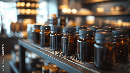 Glass jars neatly organized on shelves in a dimly lit shop.