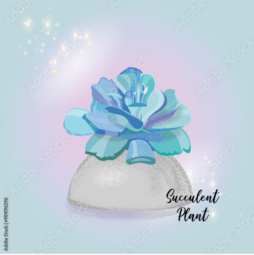 A beautifully detailed flat illustration of a blue succulent resting on a smooth stone